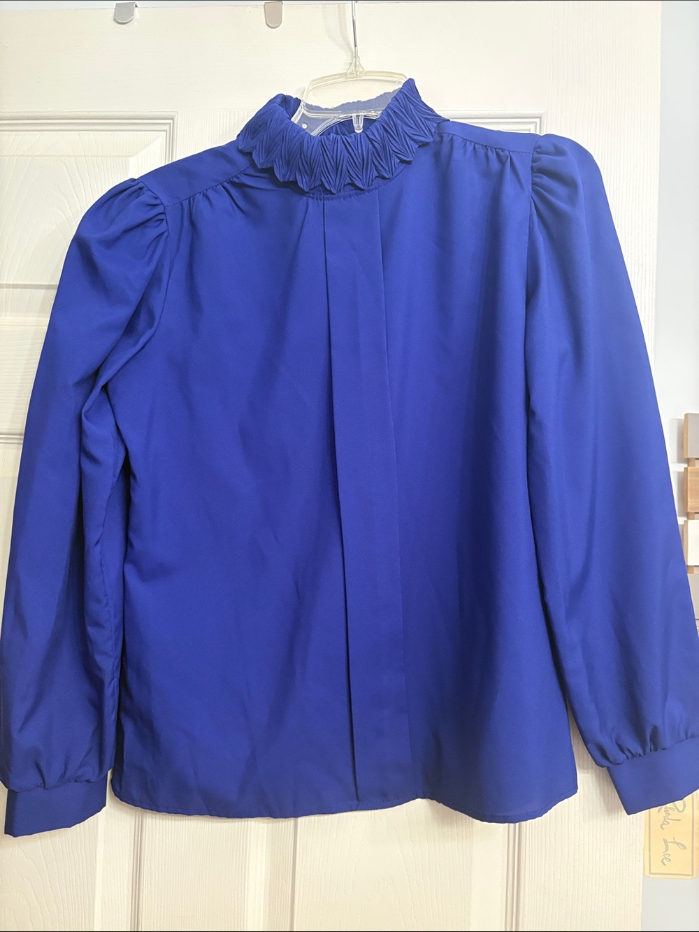 Rhoda Lee NWT Vintage 80s Royal Blue Pleated Mock Neck Blouse Puff Sleeve Sz 8